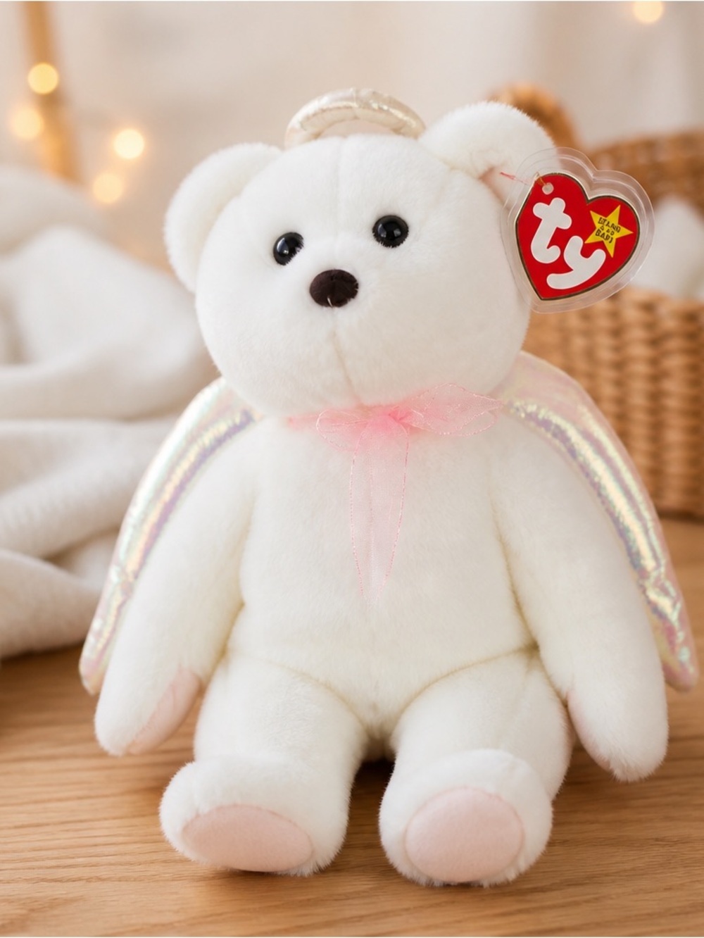 Ty White Plush Bear with Iridescent Cape and Pink Ribbon